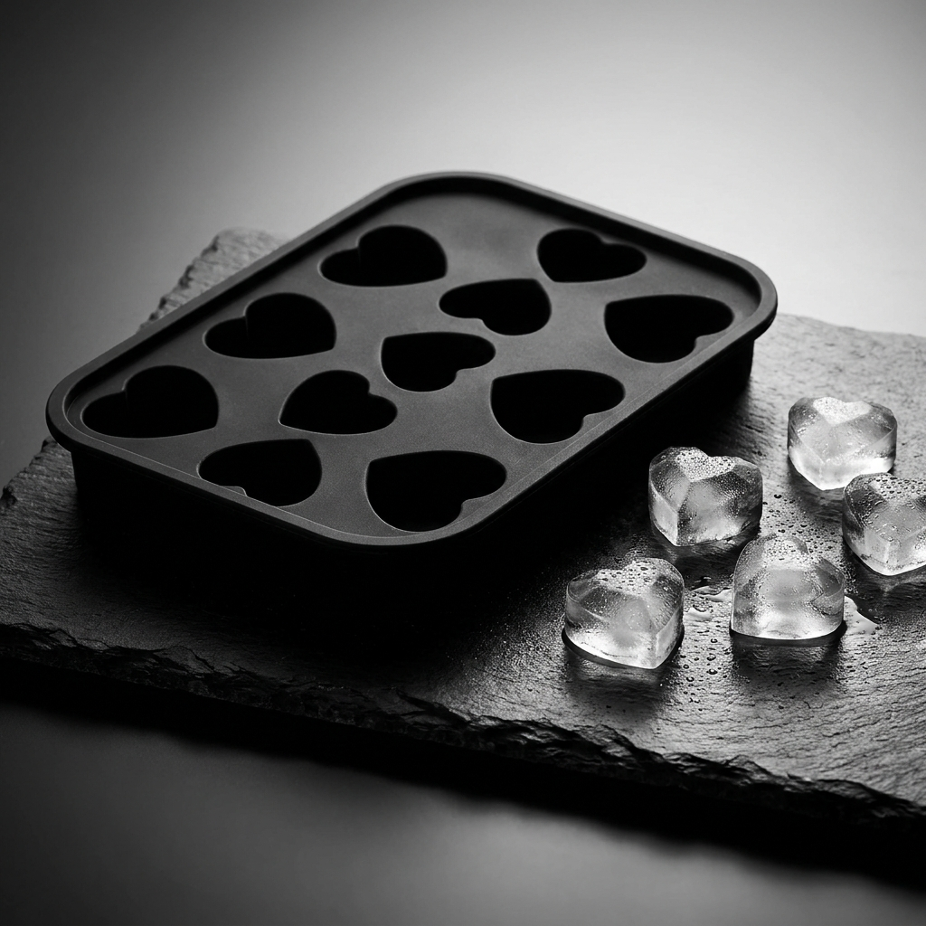Moule à glaçons cœur noir avec glaçons cristal, photographie premium noir et blanc