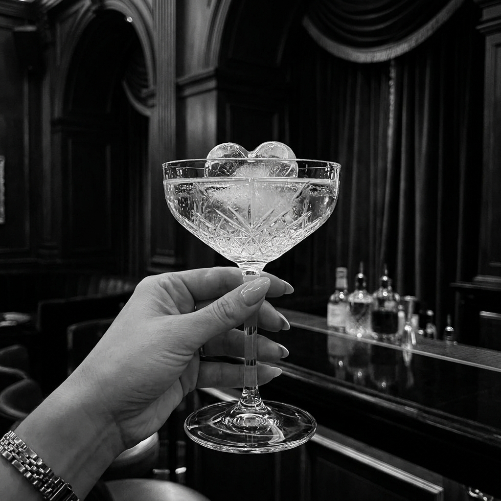 Verre coupe cristal avec glaçon cœur dans un bar feutré, ambiance luxe