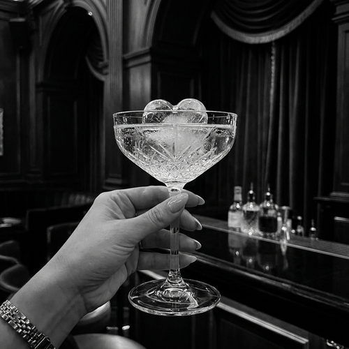 Verre coupe cristal avec glaçon cœur dans un bar feutré, ambiance luxe